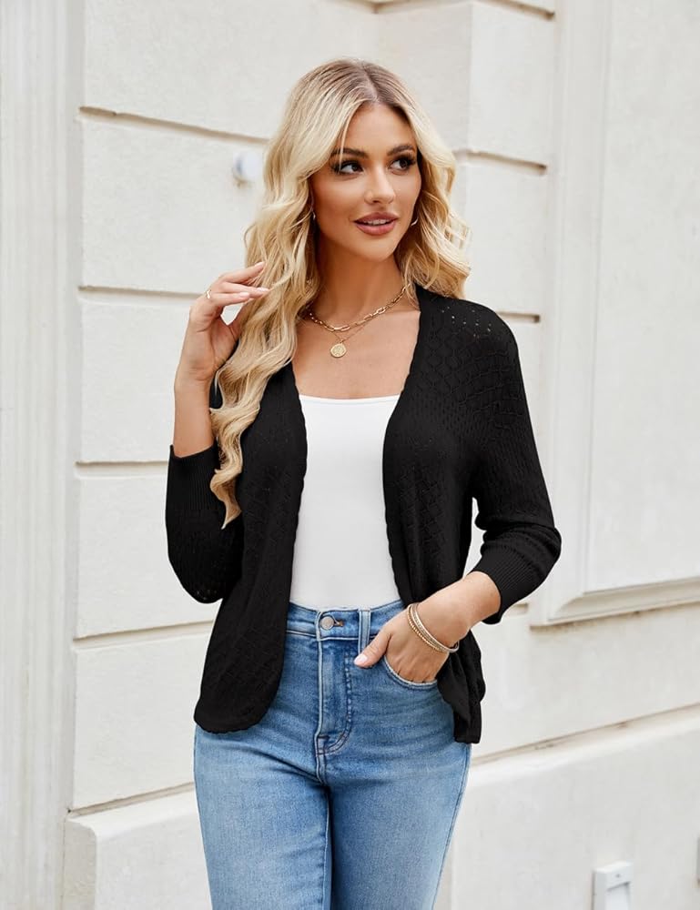 GoyRrbay Women's 3/4 Sleeve Cropped Cardigan Sweaters Hollow
